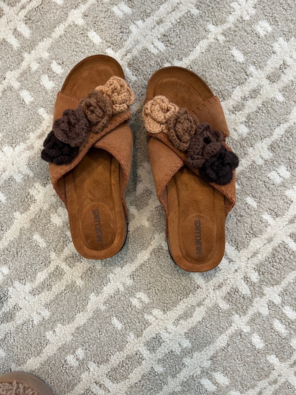 Suede muk luk Slide Sandals with Crochet Floral Accents never worn